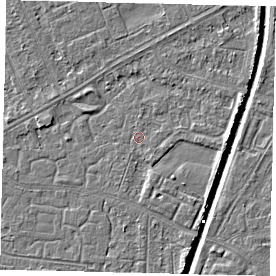 Shaded relief map of the ground around HU94TE, computed from Environment Agency LiDAR. The ground here sits at about 2 m above sea level and falls 6 m across the surrounding 800 m. Surface water reaching this point runs off ground lying to the east-south-east, 0.5 m higher.