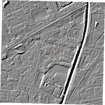Shaded relief map of the ground around HU94TG, computed from Environment Agency LiDAR. The ground here sits at about 2 m above sea level and falls 5 m across the surrounding 800 m. Surface water reaching this point runs off ground lying to the south-east, 1.2 m higher.