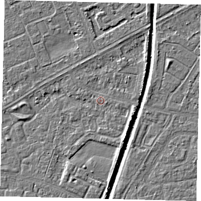 Shaded relief map of the ground around HU94TJ, computed from Environment Agency LiDAR. The ground here sits at about 2 m above sea level and falls 5 m across the surrounding 800 m. Surface water reaching this point runs off ground lying to the south-south-east, 2.9 m higher.