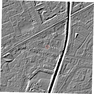 Shaded relief map of the ground around HU94TL, computed from Environment Agency LiDAR. The ground here sits at about 2 m above sea level and falls 5 m across the surrounding 800 m. Surface water reaching this point runs off ground lying to the south-south-east, 2.9 m higher.