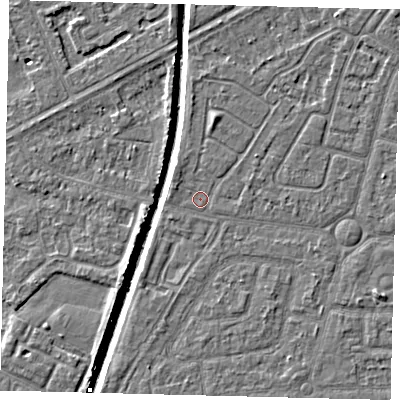 Shaded relief map of the ground around HU94TP, computed from Environment Agency LiDAR. The ground here sits at about 2 m above sea level and falls 5 m across the surrounding 800 m. Surface water reaching this point runs off ground lying to the west-north-west, 0.9 m higher.