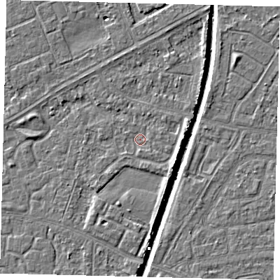 Shaded relief map of the ground around HU94TQ, computed from Environment Agency LiDAR. The ground here sits at about 2 m above sea level and falls 5 m across the surrounding 800 m. Surface water reaching this point runs off ground lying to the south-east, 1.2 m higher.