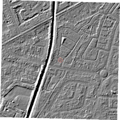 Shaded relief map of the ground around HU94TR, computed from Environment Agency LiDAR. The ground here sits at about 2 m above sea level and falls 5 m across the surrounding 800 m. Surface water reaching this point runs off ground lying to the west, 1.0 m higher.