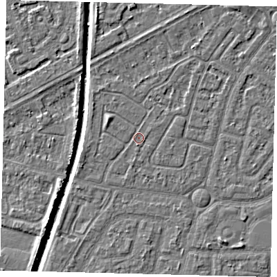 Shaded relief map of the ground around HU94TS, computed from Environment Agency LiDAR. The ground here sits at about 2 m above sea level and falls 5 m across the surrounding 800 m. Surface water reaching this point runs off ground lying to the west-south-west, 1.1 m higher.