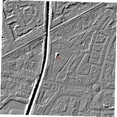 Shaded relief map of the ground around HU94TT, computed from Environment Agency LiDAR. The ground here sits at about 2 m above sea level and falls 5 m across the surrounding 800 m. Surface water reaching this point runs off ground lying to the north-north-west, 1.2 m higher.