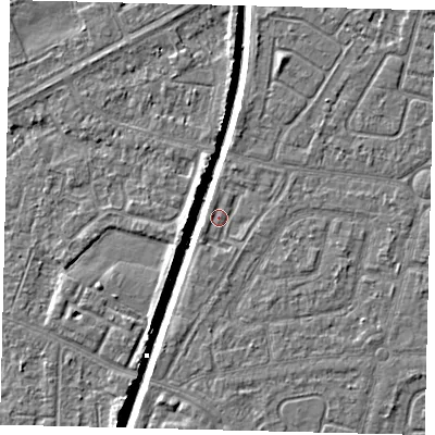 Shaded relief map of the ground around HU94TW, computed from Environment Agency LiDAR. The ground here sits at about 2 m above sea level and falls 6 m across the surrounding 800 m. Surface water reaching this point runs off ground lying to the south-south-west, 1.4 m higher.