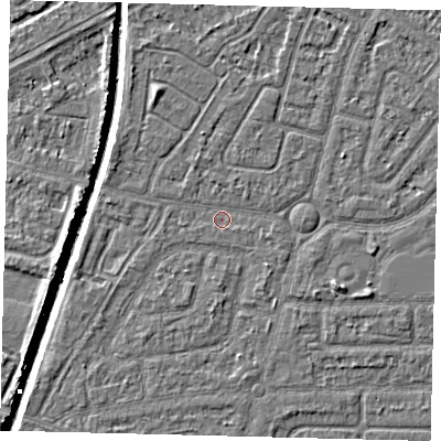 Shaded relief map of the ground around HU94TY, computed from Environment Agency LiDAR. The ground here sits at about 2 m above sea level and falls 5 m across the surrounding 800 m. Surface water reaching this point runs off ground lying to the south-east, 1.0 m higher.