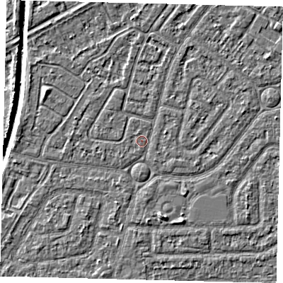 Shaded relief map of the ground around HU94TZ, computed from Environment Agency LiDAR. The ground here sits at about 2 m above sea level and falls 5 m across the surrounding 800 m. Surface water reaching this point runs off ground lying to the south-south-east, 2.0 m higher.