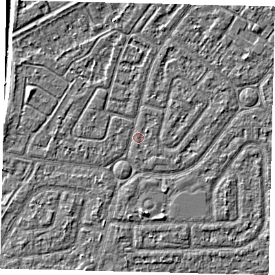Shaded relief map of the ground around HU94UA, computed from Environment Agency LiDAR. The ground here sits at about 2 m above sea level and falls 5 m across the surrounding 800 m. Surface water reaching this point runs off ground lying to the south, 2.0 m higher.