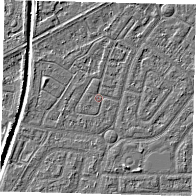 Shaded relief map of the ground around HU94UB, computed from Environment Agency LiDAR. The ground here sits at about 2 m above sea level and falls 5 m across the surrounding 800 m. Surface water reaching this point runs off ground lying to the west, 0.7 m higher.