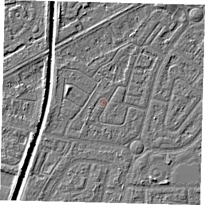 Shaded relief map of the ground around HU94UD, computed from Environment Agency LiDAR. The ground here sits at about 2 m above sea level and falls 5 m across the surrounding 800 m. Surface water reaching this point runs off ground lying to the south-west, 0.6 m higher.
