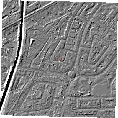 Shaded relief map of the ground around HU94UE, computed from Environment Agency LiDAR. The ground here sits at about 2 m above sea level and falls 5 m across the surrounding 800 m. Surface water reaching this point runs off ground lying to the west-north-west, 0.6 m higher.