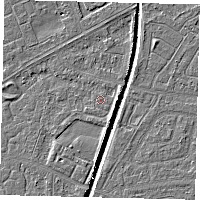 Shaded relief map of the ground around HU94UF, computed from Environment Agency LiDAR. The ground here sits at about 2 m above sea level and falls 5 m across the surrounding 800 m. The ground contributing surface water to this point lies to the north-north-east.