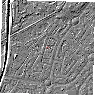 Shaded relief map of the ground around HU94UG, computed from Environment Agency LiDAR. The ground here sits at about 2 m above sea level and falls 5 m across the surrounding 800 m. Surface water reaching this point runs off ground lying to the east-north-east, 0.7 m higher.