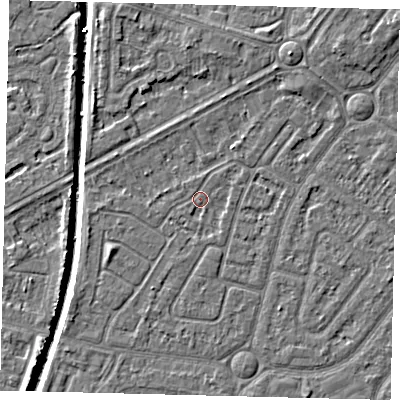 Shaded relief map of the ground around HU94UH, computed from Environment Agency LiDAR. The ground here sits at about 2 m above sea level and falls 5 m across the surrounding 800 m. Surface water reaching this point runs off ground lying to the west-south-west, 1.9 m higher.
