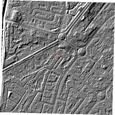 Shaded relief map of the ground around HU94UL, computed from Environment Agency LiDAR. The ground here sits at about 2 m above sea level and falls 7 m across the surrounding 800 m. The ground contributing surface water to this point lies to the west-north-west.