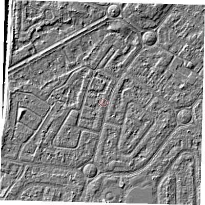 Shaded relief map of the ground around HU94UP, computed from Environment Agency LiDAR. The ground here sits at about 2 m above sea level and falls 5 m across the surrounding 800 m. Surface water reaching this point runs off ground lying to the north-north-east, 0.6 m higher.