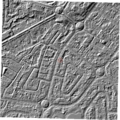 Shaded relief map of the ground around HU94UR, computed from Environment Agency LiDAR. The ground here sits at about 2 m above sea level and falls 2 m across the surrounding 800 m. Surface water reaching this point runs off ground lying to the south-south-west, 0.7 m higher.