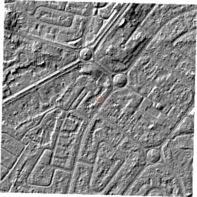 Shaded relief map of the ground around HU94US, computed from Environment Agency LiDAR. The ground here sits at about 2 m above sea level and falls 4 m across the surrounding 800 m. Surface water reaching this point runs off ground lying to the north-north-west, 1.4 m higher.