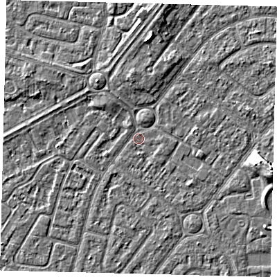 Shaded relief map of the ground around HU94UT, computed from Environment Agency LiDAR. The ground here sits at about 2 m above sea level and falls 6 m across the surrounding 800 m. Surface water reaching this point runs off ground lying to the north, 3.8 m higher.