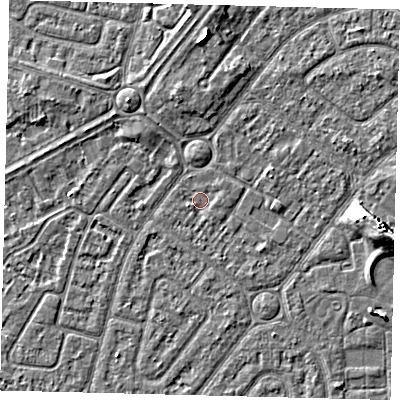 Shaded relief map of the ground around HU94UU, computed from Environment Agency LiDAR. The ground here sits at about 2 m above sea level and falls 7 m across the surrounding 800 m. Surface water reaching this point runs off ground lying to the west-south-west, 0.9 m higher.