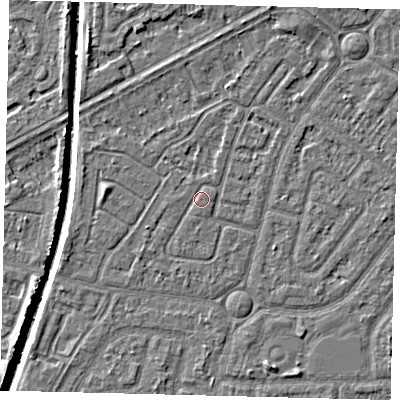 Shaded relief map of the ground around HU94WA, computed from Environment Agency LiDAR. The ground here sits at about 2 m above sea level and falls 5 m across the surrounding 800 m. The ground contributing surface water to this point lies to the east-north-east.