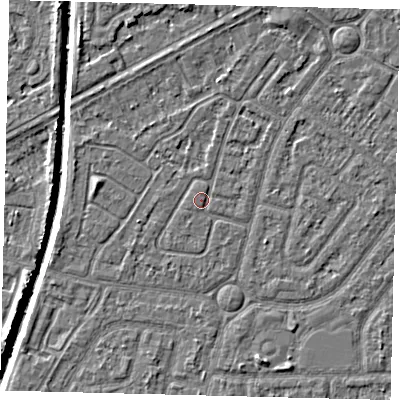 Shaded relief map of the ground around HU94WB, computed from Environment Agency LiDAR. The ground here sits at about 2 m above sea level and falls 5 m across the surrounding 800 m. Surface water reaching this point runs off ground lying to the north-north-east, 0.6 m higher.