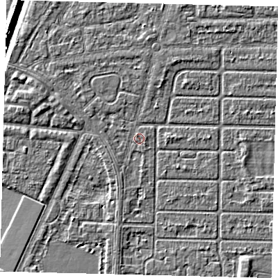 Shaded relief map of the ground around HU94XB, computed from Environment Agency LiDAR. The ground here sits at about 2 m above sea level and falls 5 m across the surrounding 800 m. Surface water reaching this point runs off ground lying to the west, 0.7 m higher.