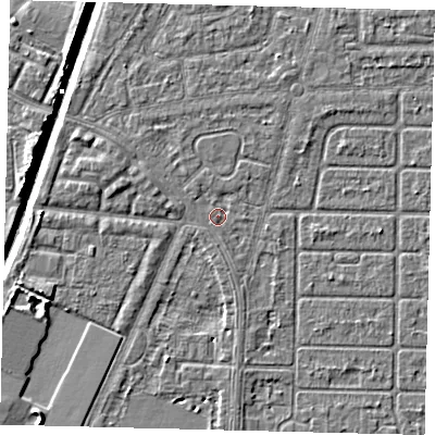 Shaded relief map of the ground around HU95AA, computed from Environment Agency LiDAR. The ground here sits at about 2 m above sea level and falls 6 m across the surrounding 800 m. Surface water reaching this point runs off ground lying to the west-north-west, 1.0 m higher.