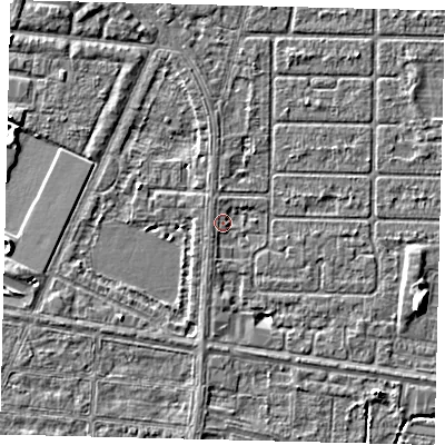 Shaded relief map of the ground around HU95AD, computed from Environment Agency LiDAR. The ground here sits at about 2 m above sea level and falls 4 m across the surrounding 800 m. Surface water reaching this point runs off ground lying to the north, 0.9 m higher.