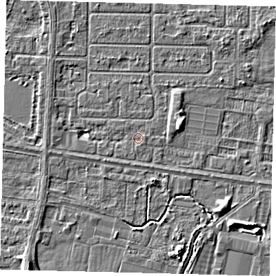 Shaded relief map of the ground around HU95AF, computed from Environment Agency LiDAR. The ground here sits at about 2 m above sea level and falls 5 m across the surrounding 800 m. Surface water reaching this point runs off ground lying to the east-north-east, 0.5 m higher.