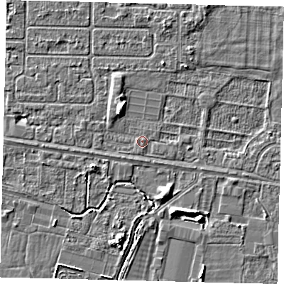 Shaded relief map of the ground around HU95AG, computed from Environment Agency LiDAR. The ground here sits at about 2 m above sea level and falls 5 m across the surrounding 800 m. The ground contributing surface water to this point lies to the south.