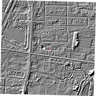 Shaded relief map of the ground around HU95AH, computed from Environment Agency LiDAR. The ground here sits at about 2 m above sea level and falls 4 m across the surrounding 800 m. Surface water reaching this point runs off ground lying to the east, 0.8 m higher.