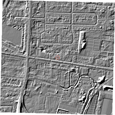 Shaded relief map of the ground around HU95AJ, computed from Environment Agency LiDAR. The ground here sits at about 2 m above sea level and falls 6 m across the surrounding 800 m. Surface water reaching this point runs off ground lying to the west, 0.8 m higher.