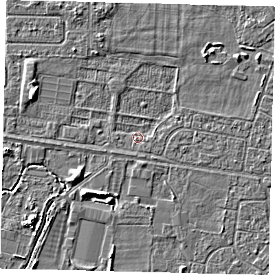 Shaded relief map of the ground around HU95AN, computed from Environment Agency LiDAR. The ground here sits at about 2 m above sea level and falls 5 m across the surrounding 800 m. Surface water reaching this point runs off ground lying to the west-south-west, 1.2 m higher.