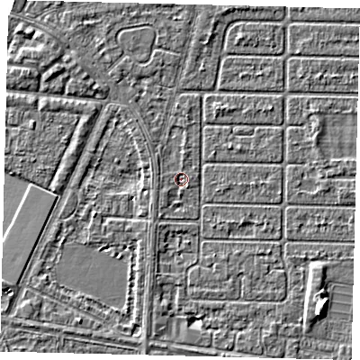 Shaded relief map of the ground around HU95AP, computed from Environment Agency LiDAR. The ground here sits at about 2 m above sea level and falls 6 m across the surrounding 800 m. Surface water reaching this point runs off ground lying to the south-west, 0.9 m higher.