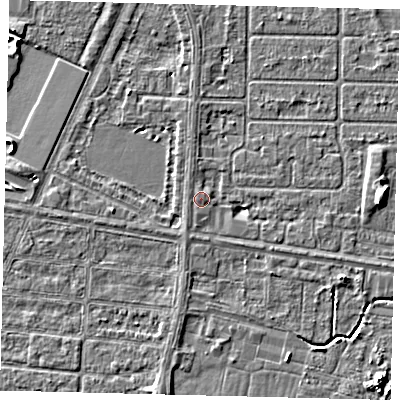 Shaded relief map of the ground around HU95AQ, computed from Environment Agency LiDAR. The ground here sits at about 2 m above sea level and falls 4 m across the surrounding 800 m. Surface water reaching this point runs off ground lying to the north-east, 0.6 m higher.