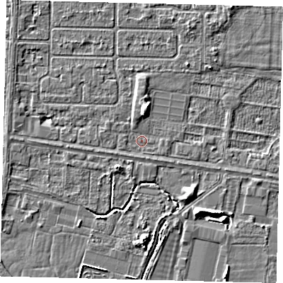 Shaded relief map of the ground around HU95AR, computed from Environment Agency LiDAR. The ground here sits at about 2 m above sea level and falls 5 m across the surrounding 800 m. Surface water reaching this point runs off ground lying to the west, 1.0 m higher.