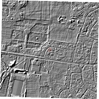 Shaded relief map of the ground around HU95AS, computed from Environment Agency LiDAR. The ground here sits at about 2 m above sea level and falls 5 m across the surrounding 800 m. Surface water reaching this point runs off ground lying to the south-west, 0.6 m higher.
