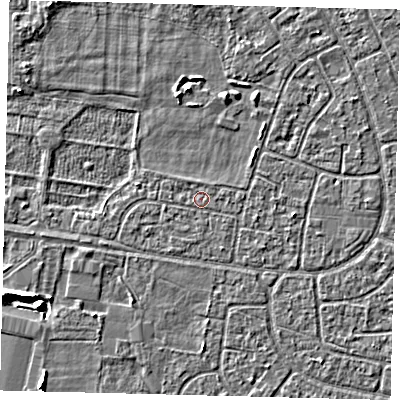 Shaded relief map of the ground around HU95AT, computed from Environment Agency LiDAR. The ground here sits at about 2 m above sea level and falls 5 m across the surrounding 800 m. Surface water reaching this point runs off ground lying to the south-west, 1.5 m higher.