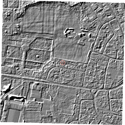 Shaded relief map of the ground around HU95AU, computed from Environment Agency LiDAR. The ground here sits at about 2 m above sea level and falls 5 m across the surrounding 800 m. Surface water reaching this point runs off ground lying to the north-north-east, 1.6 m higher.