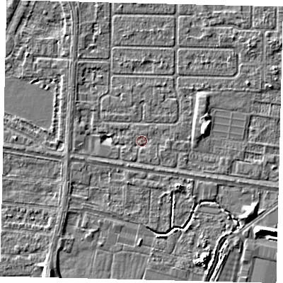 Shaded relief map of the ground around HU95AW, computed from Environment Agency LiDAR. The ground here sits at about 2 m above sea level and falls 5 m across the surrounding 800 m. Surface water reaching this point runs off ground lying to the east, 0.8 m higher.