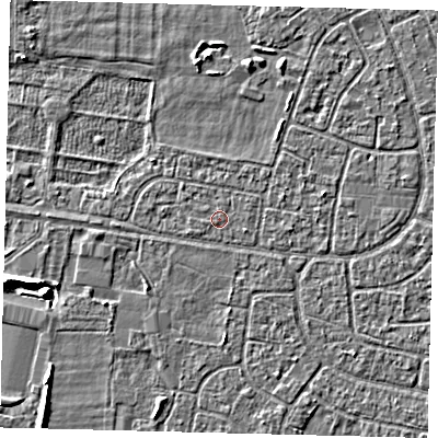 Shaded relief map of the ground around HU95AX, computed from Environment Agency LiDAR. The ground here sits at about 2 m above sea level and falls 5 m across the surrounding 800 m. The ground contributing surface water to this point lies to the east-south-east.