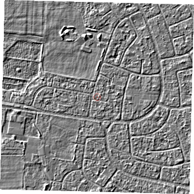 Shaded relief map of the ground around HU95AY, computed from Environment Agency LiDAR. The ground here sits at about 2 m above sea level and falls 2 m across the surrounding 800 m. Surface water reaching this point runs off ground lying to the south-south-west, 1.4 m higher.