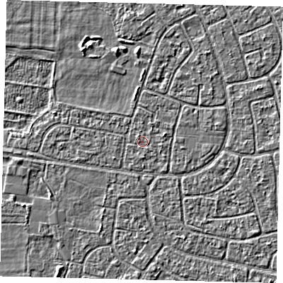 Shaded relief map of the ground around HU95AZ, computed from Environment Agency LiDAR. The ground here sits at about 2 m above sea level and falls 2 m across the surrounding 800 m. The ground contributing surface water to this point lies to the south.