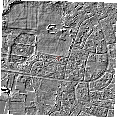 Shaded relief map of the ground around HU95BA, computed from Environment Agency LiDAR. The ground here sits at about 2 m above sea level and falls 5 m across the surrounding 800 m. The ground contributing surface water to this point lies to the east.