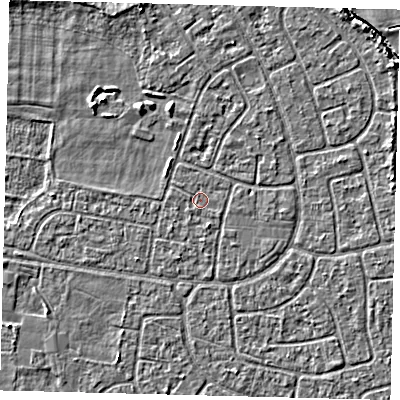 Shaded relief map of the ground around HU95BB, computed from Environment Agency LiDAR. The ground here sits at about 2 m above sea level and falls 3 m across the surrounding 800 m. The ground contributing surface water to this point lies to the south-east.