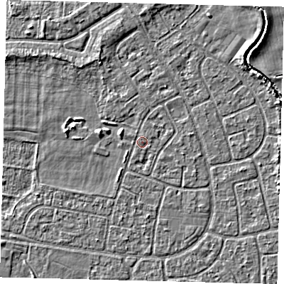 Shaded relief map of the ground around HU95BD, computed from Environment Agency LiDAR. The ground here sits at about 2 m above sea level and falls 3 m across the surrounding 800 m. The ground contributing surface water to this point lies to the west-north-west.