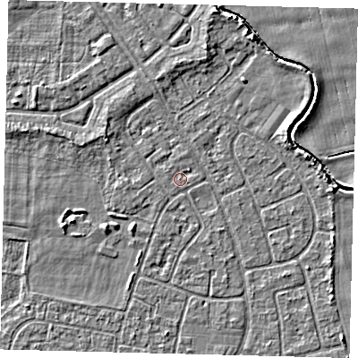 Shaded relief map of the ground around HU95BG, computed from Environment Agency LiDAR. The ground here sits at about 2 m above sea level and falls 3 m across the surrounding 800 m. Surface water reaching this point runs off ground lying to the north-east, 0.7 m higher.