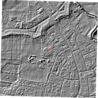 Shaded relief map of the ground around HU95BH, computed from Environment Agency LiDAR. The ground here sits at about 2 m above sea level and falls 3 m across the surrounding 800 m. The ground contributing surface water to this point lies to the west-south-west.